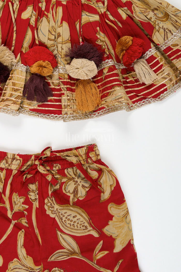 The Nesavu Girls Sharara / Plazo Set Girls block printed plazo set with festive tassel kurti Nesavu Nesavu girls block printed plazo set tassels  ethnic outfit weddings festive events