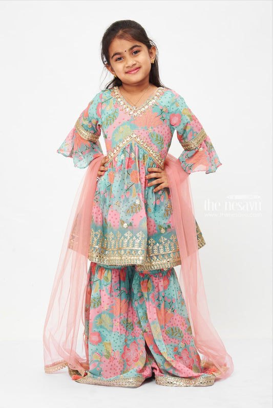 The Nesavu Girls Sharara / Plazo Set Girls Blossom Print Aliacut Top with Gharara Bottom Ensemble Nesavu 24 (5Y) / Green / Georgette GPS246A-24 Children's Designer Gharara Sets | Fancy Kurti Dupatta Set for Children | The Nesavu