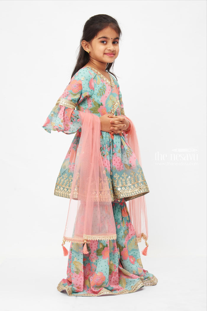 The Nesavu Girls Sharara / Plazo Set Girls Blossom Print Aliacut Top with Gharara Bottom Ensemble Nesavu Children's Designer Gharara Sets | Fancy Kurti Dupatta Set for Children | The Nesavu