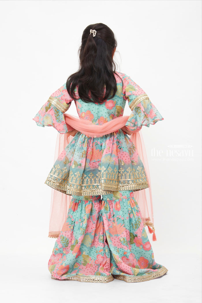The Nesavu Girls Sharara / Plazo Set Girls Blossom Print Aliacut Top with Gharara Bottom Ensemble Nesavu Children's Designer Gharara Sets | Fancy Kurti Dupatta Set for Children | The Nesavu