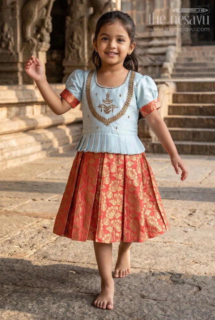 The Nesavu Silk Frock Girls Blue and Red Silk Frock with Embroidery and Golden Floral Pleats in New Model Pattu Frock Style Nesavu 16 (1Y) / Red SF782C-16 Nesavu Girls Blue Red Silk Frock Banarasi Pleats Embroidery new model pattu frock