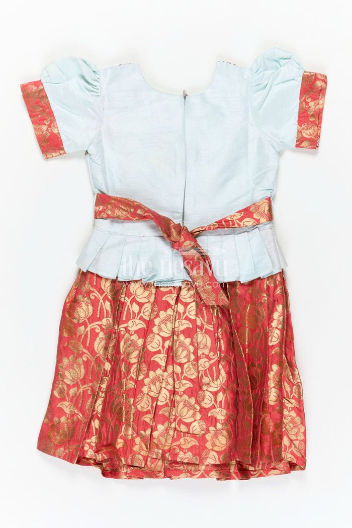 The Nesavu Silk Frock Girls Blue and Red Silk Frock with Embroidery and Golden Floral Pleats in new model pattu frock Style Nesavu Nesavu Girls Blue Red Silk Frock Banarasi Pleats Embroidery new model pattu frock