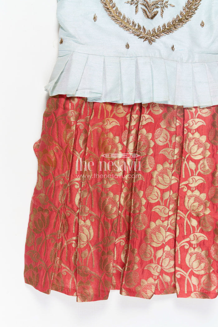 The Nesavu Silk Frock Girls Blue and Red Silk Frock with Embroidery and Golden Floral Pleats in new model pattu frock Style Nesavu Nesavu Girls Blue Red Silk Frock Banarasi Pleats Embroidery new model pattu frock
