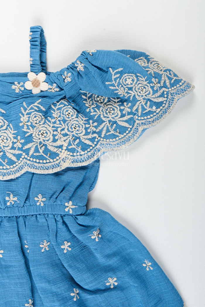 The Nesavu Girls Cotton Frock Girls blue cotton frock with embroidery for birthday and festive wear Nesavu Nesavu girls blue cotton frock thread embroidery birthdays festive occasions