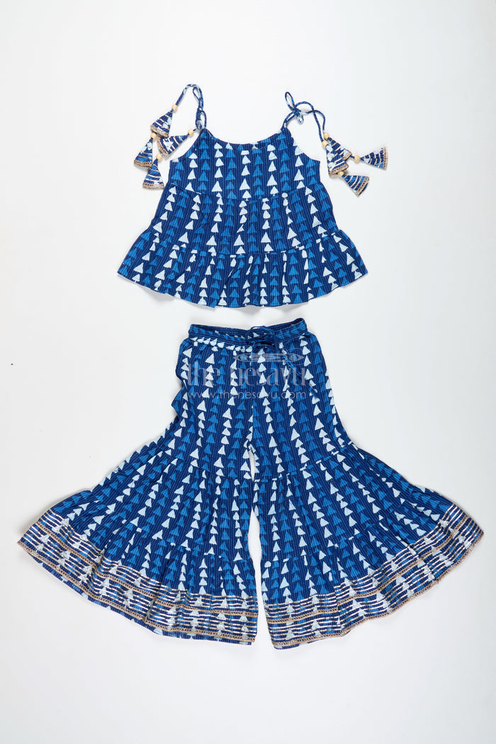 The Nesavu Girls Sharara / Plazo Set Girls Blue Ethnic Cotton Skirt Set with Triangle Print Nesavu 24 (5Y) / Blue GPS714A-24 Nesavu Blue Cotton Ethnic Skirt Set Girls Triangle Print Golden Lace Hem