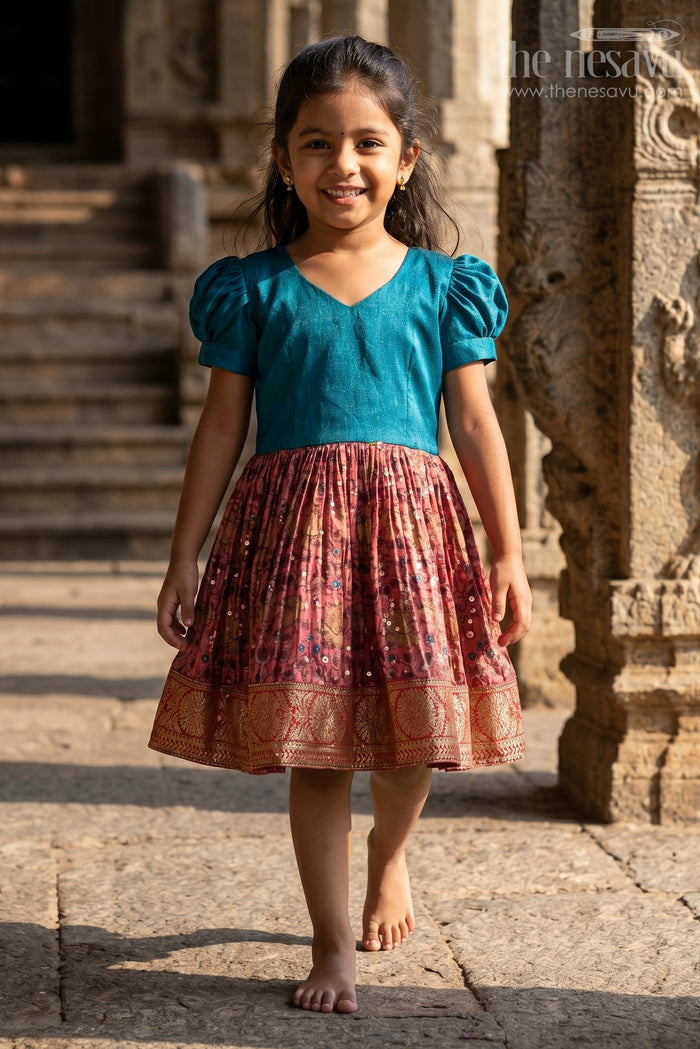 The Nesavu Silk Frock Girls Blue Ethnic Dress with Puff Sleeves and Chinon Silk Pleated Skirt for Festive Wear Nesavu 14 (6M) / Blue SF967A-14 Girls Blue Ethnic Dress Puff Sleeves Chinon Silk Pleated Skirt | The Nesavu