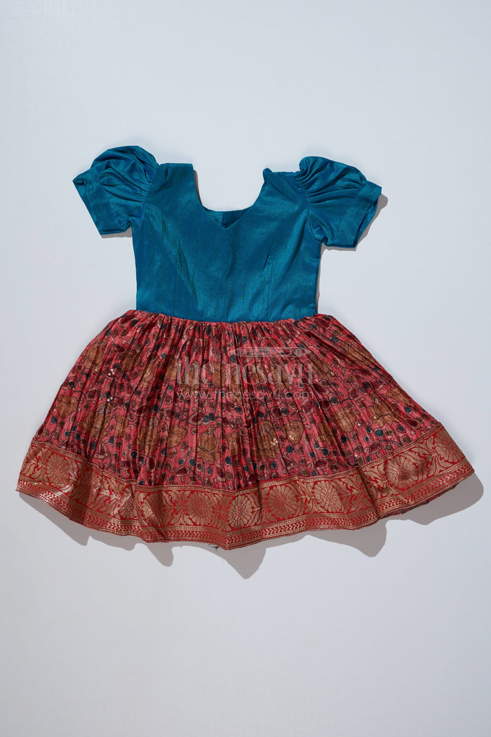 The Nesavu Silk Frock Girls Blue Ethnic Dress with Puff Sleeves and Chinon Silk Pleated Skirt for Festive Wear Nesavu 14 (6M) / Blue SF967A-14 Nesavu Girls Blue Ethnic Dress Puff Sleeves Chinon Silk Pleated Skirt