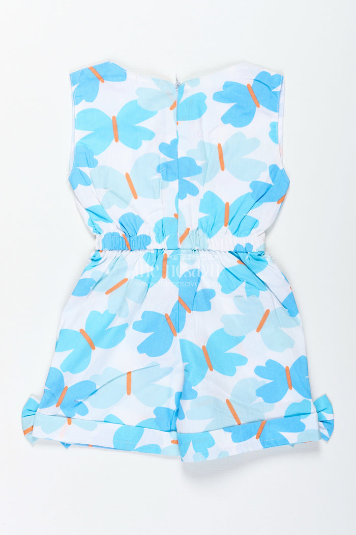The Nesavu Girls Jumpsuit Girls Blue Floral Cotton Jumpsuit with Bow Headband for Summer Adventures Nesavu Nesavu Blue Floral Cotton Jumpsuit Headband Girls Comfy Outfit Summer Outings
