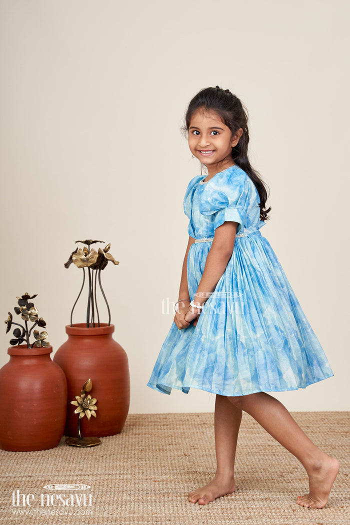 The Nesavu Girls Fancy Frock Girls blue floral digital print fancy frock Nesavu 16 (1Y) / Blue SF1061B-16 Nesavu girls blue floral digital print viscose silk frock puff sleeve party dress