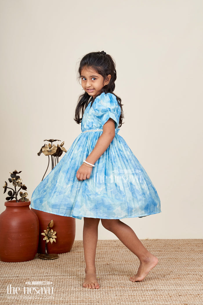 The Nesavu Girls Fancy Frock Girls blue floral digital print fancy frock Nesavu Nesavu girls blue floral digital print viscose silk frock puff sleeve party dress