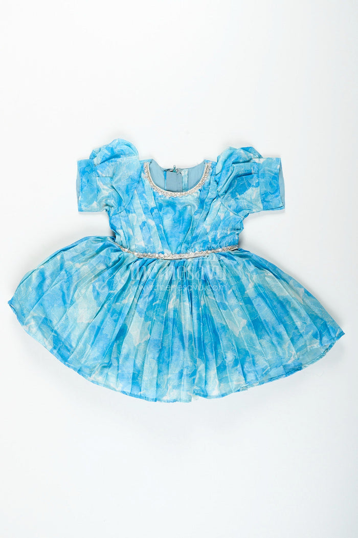 The Nesavu Girls Fancy Frock Girls blue floral digital print fancy frock Nesavu Nesavu girls blue floral digital print viscose silk frock puff sleeve party dress