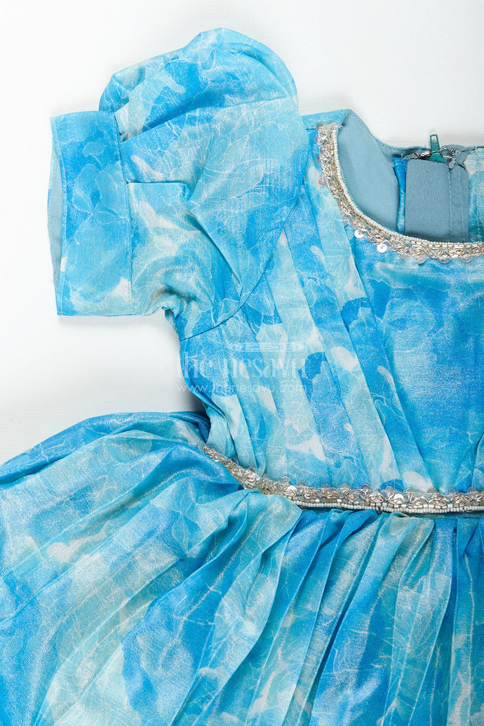 The Nesavu Girls Fancy Frock Girls blue floral digital print fancy frock Nesavu Nesavu girls blue floral digital print viscose silk frock puff sleeve party dress