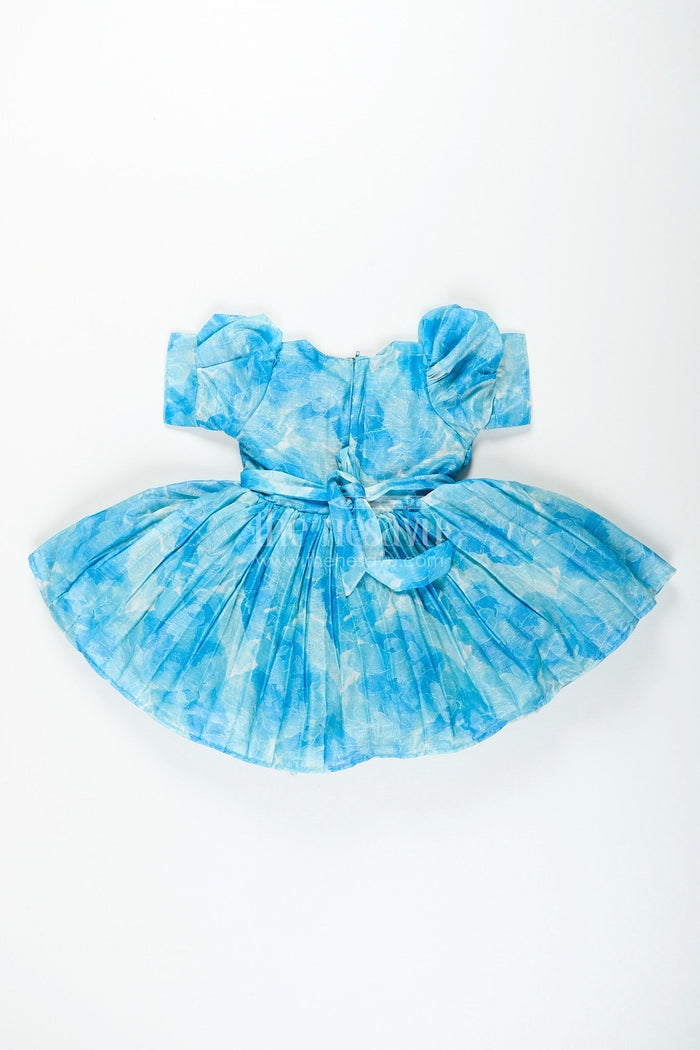 The Nesavu Girls Fancy Frock Girls blue floral digital print fancy frock Nesavu Nesavu girls blue floral digital print viscose silk frock puff sleeve party dress