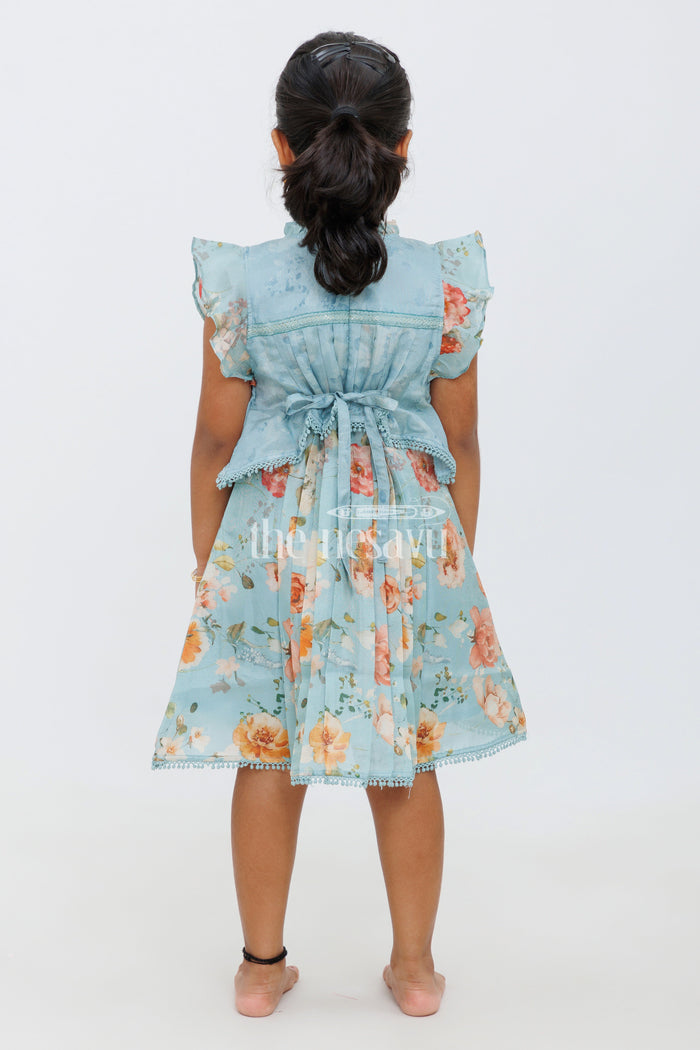 The Nesavu Girls Fancy Frock Girls Yellow Floral Printed Frock with Pleated Skirt Nesavu Nesavu Girls Floral Yellow Frock Lace Details Pleated Skirt