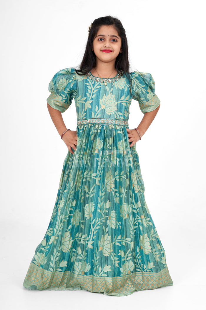 The Nesavu Girls Party Gown Girls Bridal Party Gown in Brazo Fabric with Intricate Floral Pattern and Puffy Sleeves Nesavu Nesavu Girls Bridal Party Gown Brazo Fabric Floral Patterns Puffy Sleeves Weddings