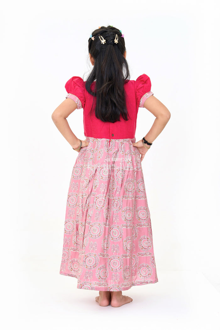 The Nesavu Girls Silk Gown Girls Brown Anarkali Dress with Traditional Printed Design and Matching Short Jacket Nesavu Nesavu Girls Brown Anarkali Dress Printed Design Matching Short Jacket Festive Wear