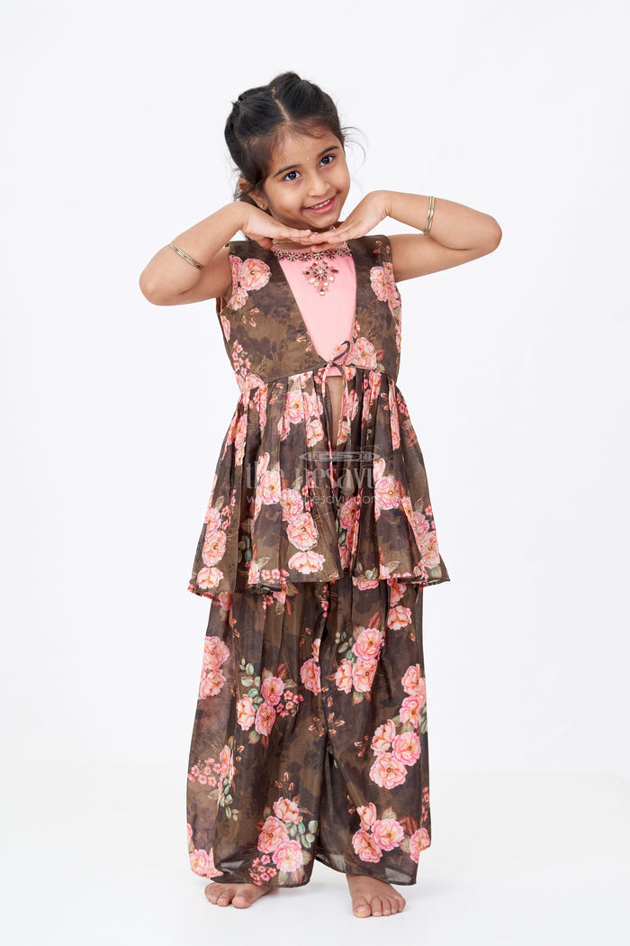 The Nesavu Girls Sharara / Plazo Set Girls Brown Suit Set in Floral Shimmer Georgette  with Peach Embroidered Top and Peplum Jacket Nesavu 16 (1Y) / Green GPS559A-16 Nesavu Girls Brown Suit Set Floral Shimmer Georgette Palazzo Jacket Peach Embroidered Top