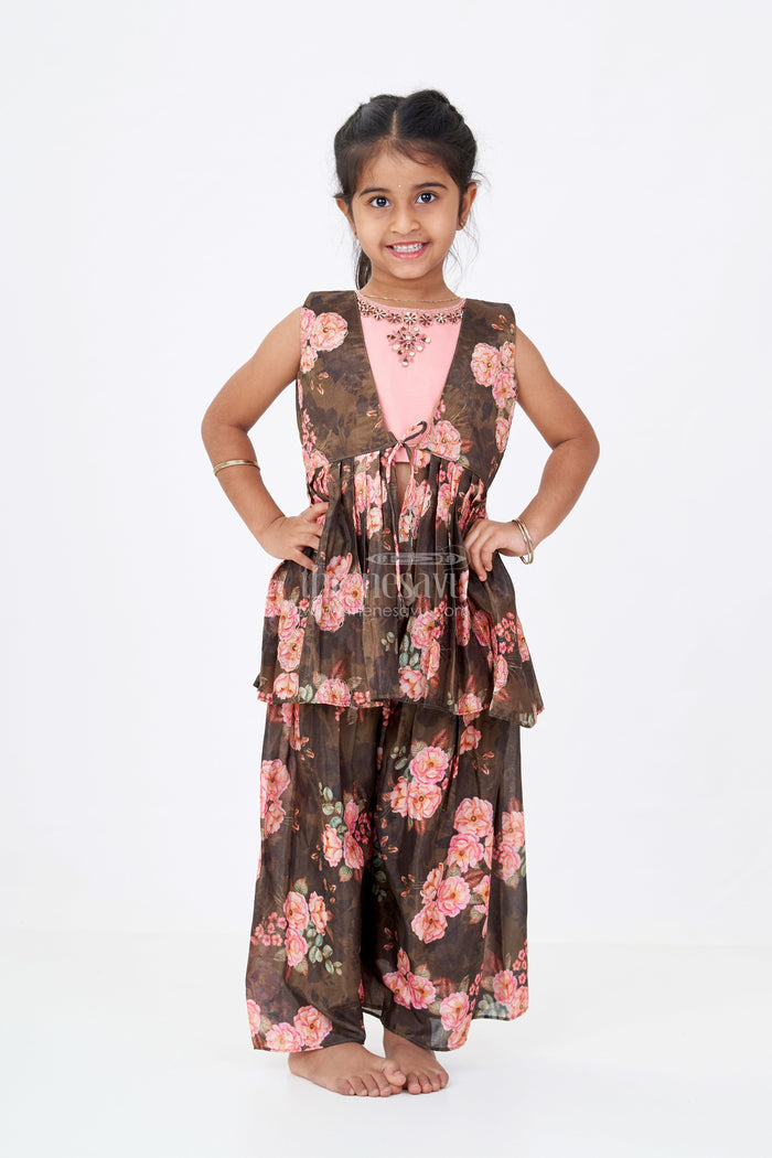 The Nesavu Girls Sharara / Plazo Set Girls Brown Suit Set in Floral Shimmer Georgette  with Peach Embroidered Top and Peplum Jacket Nesavu Nesavu Girls Brown Suit Set Floral Shimmer Georgette Palazzo Jacket Peach Embroidered Top