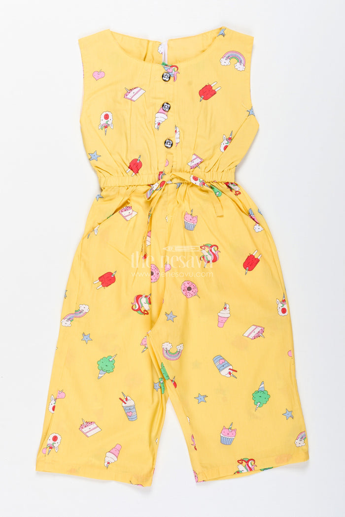 The Nesavu Girls Jumpsuit Girls Candy-Themed Jumpsuit with Fun Print and Headband Nesavu 20 (3Y) / Yellow GFC1895A-20 Nesavu Girls Yellow Jumpsuit Candy Print Sleeveless Cotton Outfit Belt Headband