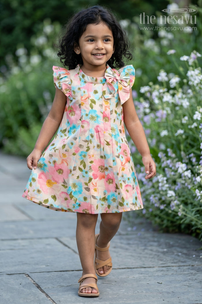 The Nesavu Girls Cotton Frock Girls Casual Frocks in Muslin Silk with Soft Floral Print and Stylish Bow Nesavu 16 (1Y) / Multicolor GFC1608A-16 Girls Casual Frocks Muslin Silk Soft Floral Print Stylish Bow | The Nesavu