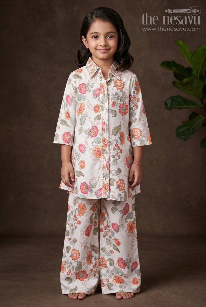 The Nesavu Girls Casual Set Girls Casual Set for Family Outings and Festive Gatherings Nesavu 24 (5Y) / Cream GPS672A-24 Nesavu girls casual set viscose silk digital print festive outings family wear