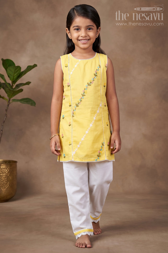 The Nesavu Girls Casual Set Girls Casual Simple Dress Design in Cotton with Yellow Embroidered Top and White Pants with Lace Hem Nesavu 18 (2Y) / Yellow GPS624B-18 Nesavu Girls Casual Simple Dress Design Yellow Embroidered Cotton Top White Pants