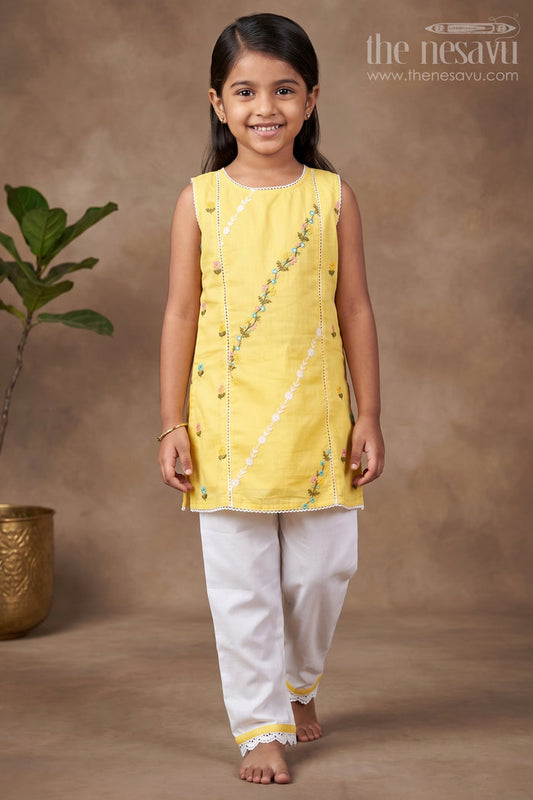 The Nesavu Girls Casual Set Girls Casual Simple Dress Design in Cotton with Yellow Embroidered Top and White Pants with Lace Hem Nesavu 18 (2Y) / Yellow GPS624B-18 Nesavu Girls Casual Simple Dress Design Yellow Embroidered Cotton Top White Pants