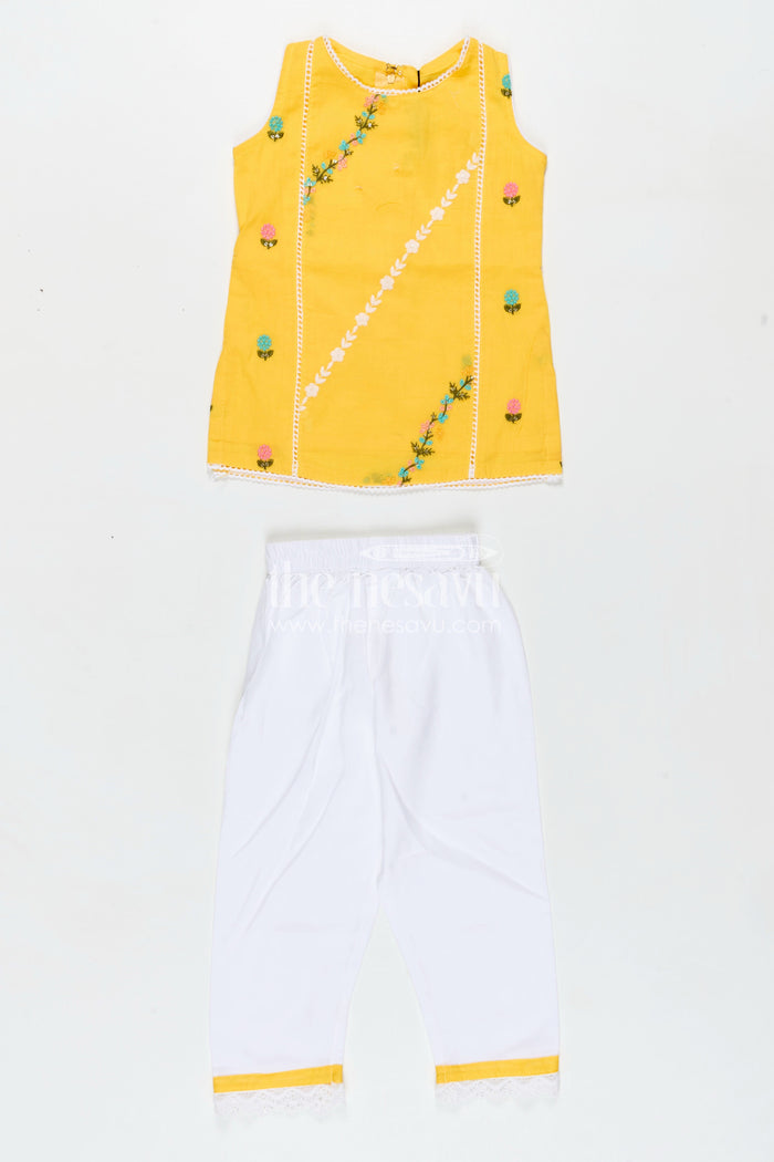The Nesavu Girls Casual Set Girls Casual Simple Dress Design in Cotton with Yellow Embroidered Top and White Pants with Lace Hem Nesavu Nesavu Girls Casual Simple Dress Design Yellow Embroidered Cotton Top White Pants