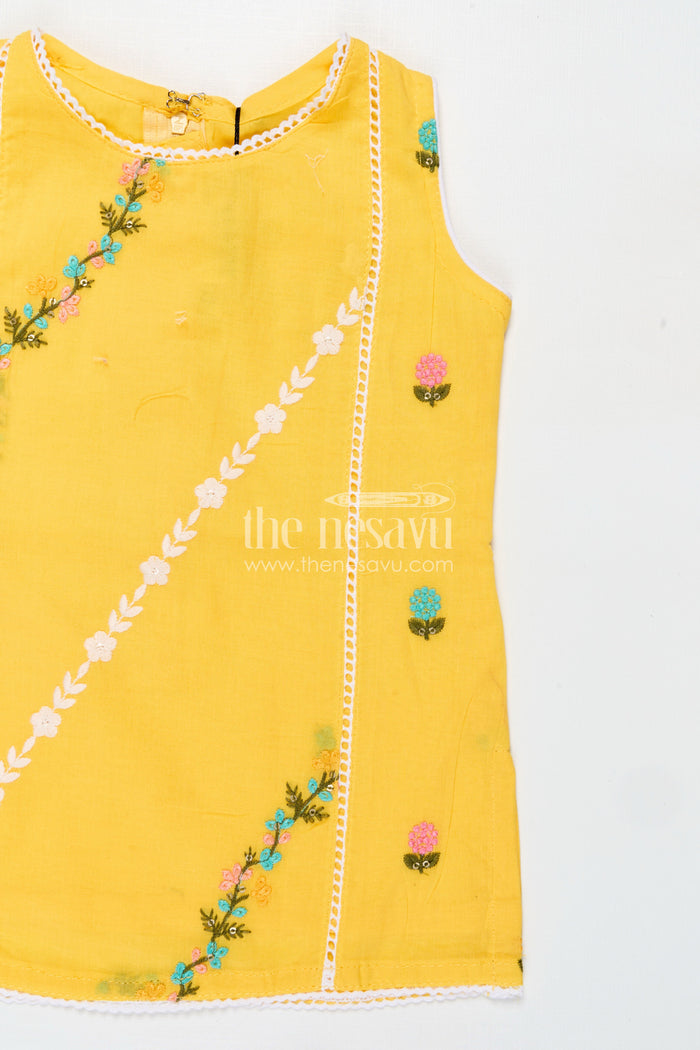 The Nesavu Girls Casual Set Girls Casual Simple Dress Design in Cotton with Yellow Embroidered Top and White Pants with Lace Hem Nesavu Nesavu Girls Casual Simple Dress Design Yellow Embroidered Cotton Top White Pants