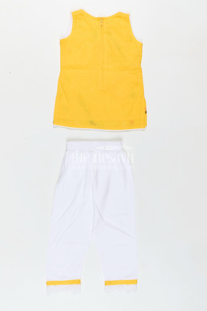 The Nesavu Girls Casual Set Girls Casual Simple Dress Design in Cotton with Yellow Embroidered Top and White Pants with Lace Hem Nesavu Nesavu Girls Casual Simple Dress Design Yellow Embroidered Cotton Top White Pants