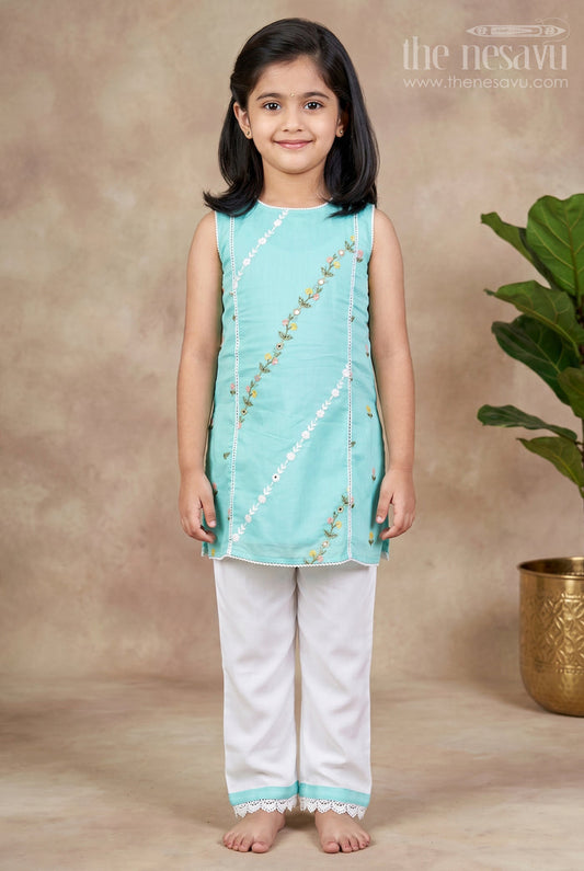 The Nesavu Girls Casual Set Girls Casual Smart Dresses in Cotton with Turquoise Embroidered Sleeveless Top and White Pants Nesavu 18 (2Y) / Blue GPS624A-18 Nesavu Girls Casual Smart Dresses Cotton Embroidered Turquoise Top White Lace Pants