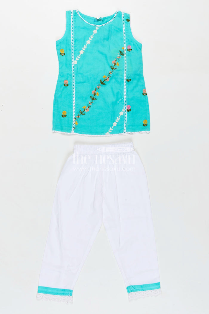 The Nesavu Girls Casual Set Girls Casual Smart Dresses in Cotton with Turquoise Embroidered Sleeveless Top and White Pants Nesavu Nesavu Girls Casual Smart Dresses Cotton Embroidered Turquoise Top White Lace Pants
