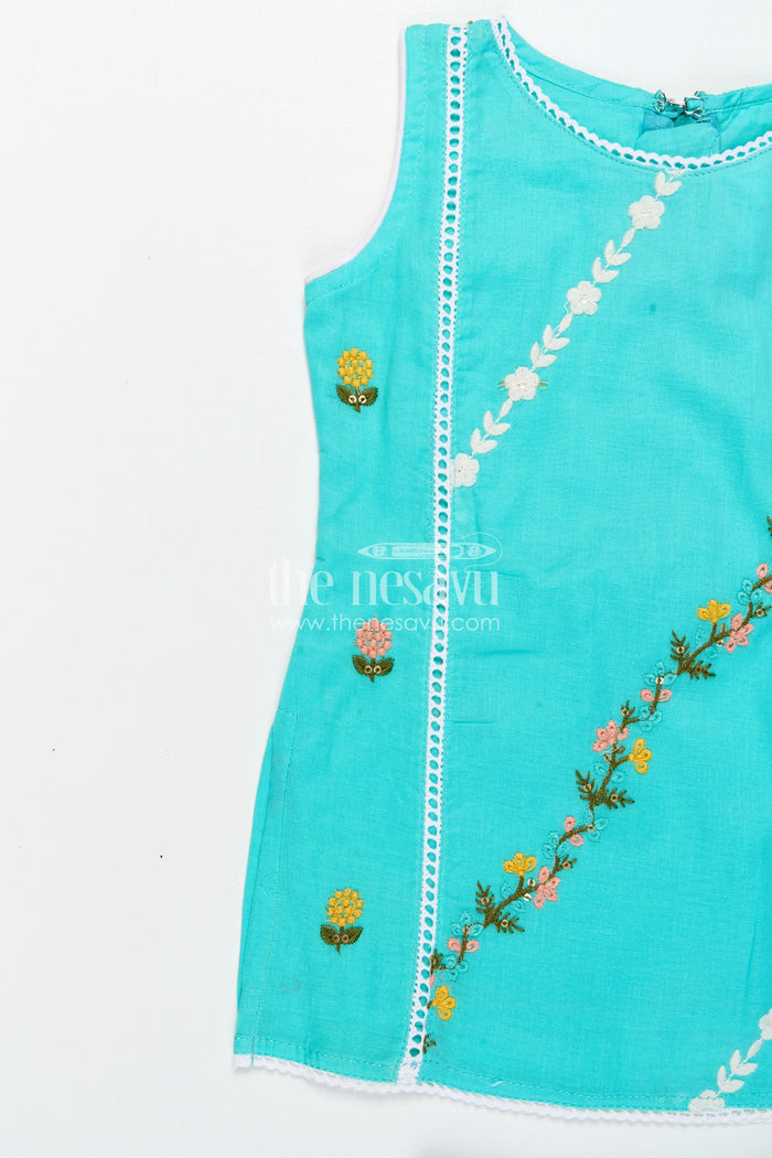 The Nesavu Girls Casual Set Girls Casual Smart Dresses in Cotton with Turquoise Embroidered Sleeveless Top and White Pants Nesavu Nesavu Girls Casual Smart Dresses Cotton Embroidered Turquoise Top White Lace Pants