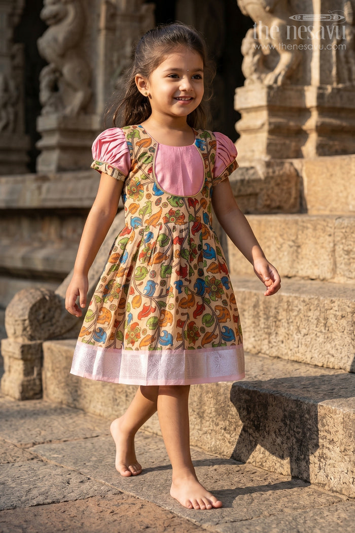 The Nesavu Silk Frock Girls Chanderi Cotton Fashion Dress with Pink Puff Sleeves and Colorful Floral Print for Everyday Charm Nesavu 16 (1Y) / Pink SF1012B-16 Nesavu Girls Chanderi Cotton Fashion Dress Pink Yoke Colorful Floral Print Everyday Wear