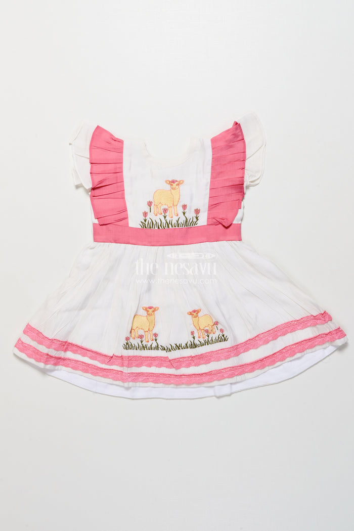 The Nesavu Girls Chanderi Frock Girls Chanderi Cotton Frock with Lamb Embroidery for Birthday Events Nesavu 16 (1Y) / Half white GFC1985A-16 Nesavu girls Chanderi cotton frock lamb embroidery  perfect birthdays parties