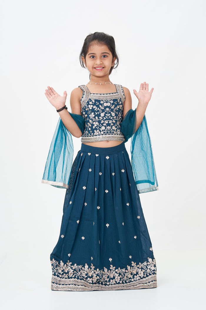 The Nesavu Girls Lehenga Choli Girls Chinon Silk Dresses for Wedding Function in Deep Green with Embroidered Blouse and Flared Lehenga Nesavu 16 (1Y) / Green GL639B-16 Girls Dresses Wedding Function Green Chinon Silk Lehenga Choli Heavy Embroidery | The Nesavu
