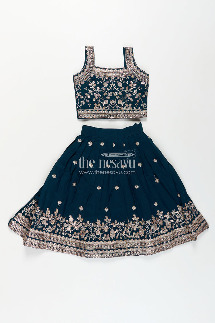 The Nesavu Girls Lehenga Choli Girls Chinon Silk Dresses for Wedding Function in Deep Green with Embroidered Blouse and Flared Lehenga Nesavu Girls Dresses Wedding Function Green Chinon Silk Lehenga Choli Heavy Embroidery | The Nesavu