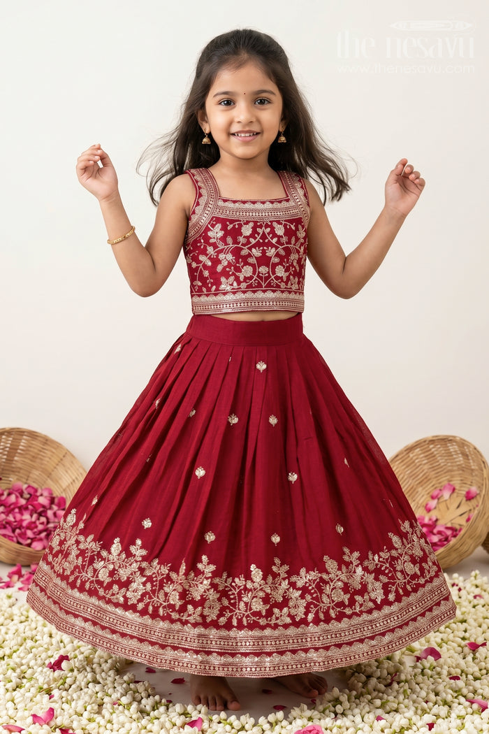 The Nesavu Girls Lehenga Choli Girls Chinon Silk Party Wear Dresses Maroon Lehenga Choli Set with Embroidered Blouse and Dupatta Nesavu 16 (1Y) / Red GL639A-16 Girls Party Wear Dresses Maroon Chinon Silk Lehenga Choli Designer Embroidery Dupatta | The Nesavu