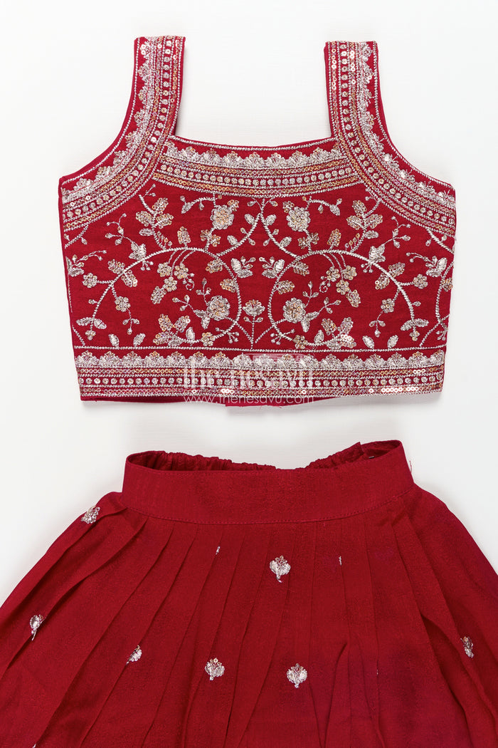 The Nesavu Girls Lehenga Choli Girls Chinon Silk Party Wear Dresses Maroon Lehenga Choli Set with Embroidered Blouse and Dupatta Nesavu Girls Party Wear Dresses Maroon Chinon Silk Lehenga Choli Designer Embroidery Dupatta | The Nesavu