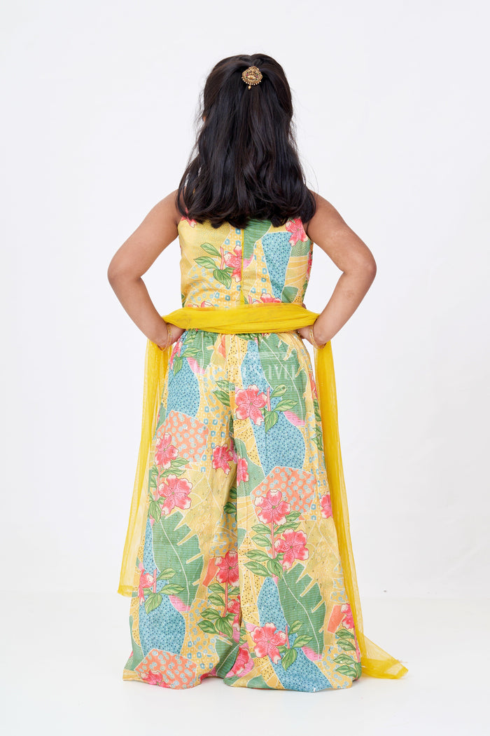 The Nesavu Girls Sharara / Plazo Set Girls Choli Plazo Suit with Floral Digital Print and Embellished Blouse for a Festive Look Nesavu Nesavu Girls Choli Plazo Suit Floral Digital Print Embroidered Blouse