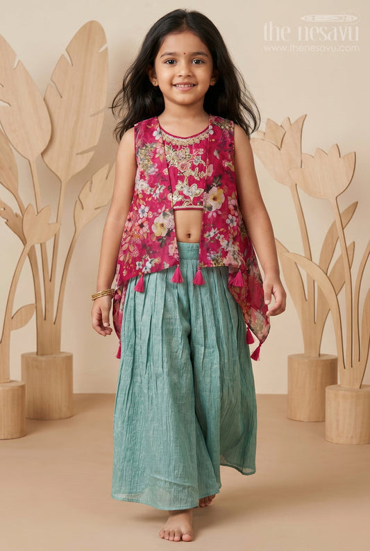 The Nesavu Girls Sharara / Plazo Set Girls Christmas Dress with Floral Printed Layered Design in Pure Georgette Nesavu 16 (1Y) / Red GPS488A-16 Nesavu Girls Christmas Dress Floral Print Layered Georgette Cape Festive Elegance