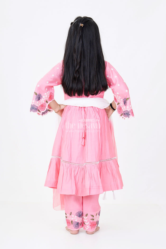 The Nesavu Girls Churidar Sets Girls Churidar Plazo Set with Floral Embroidery and Flowy Dupatta for a Graceful Ethnic Look Nesavu Nesavu Girls Churidar Plazo Set Floral Embroidery Ombre Dupatta