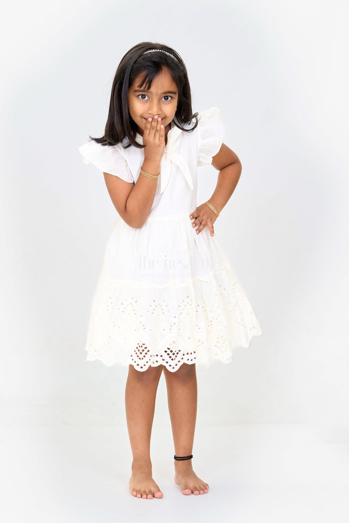 The Nesavu Girls Cotton Frock Girls Cinderella Fancy Cotton Dress with Bow and Eyelet Design Nesavu Nesavu Girls Cinderella Fancy Cotton Dress Eyelet Embroidery Bow