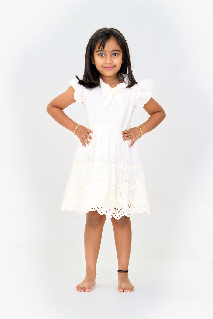 The Nesavu Girls Cotton Frock Girls Cinderella Fancy Cotton Dress with Bow and Eyelet Design Nesavu 20 (3Y) / Cream GFC1567A-20 Girls Cinderella Fancy Cotton Dress Eyelet Embroidery Bow | The Nesavu