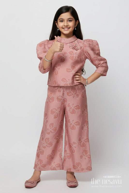 The Nesavu Girls Co-Ord Sets Girls Co-Ord Set with Floral Print for Birthdays and Festive Events Nesavu 22 (4Y) / Peach GPS907A-22 Nesavu girls floral co-ord set puff sleeve top wide-leg pants festive birthdays