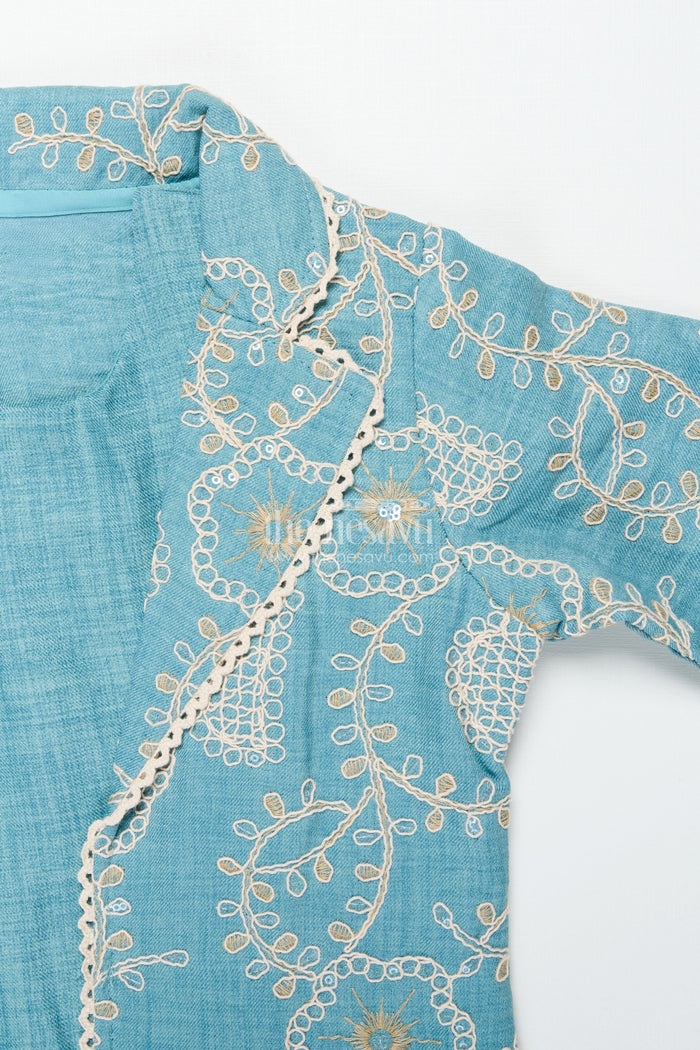 The Nesavu Girls Co-Ord Sets Girls Co-Ord Set with Thread Embroidery for Festive Events and School Programs Nesavu Nesavu girls three-piece co-ord set embroidered jacket ethnic school festive wear
