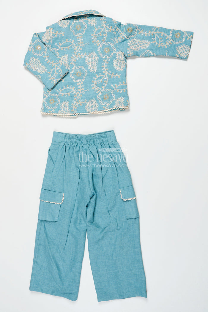 The Nesavu Girls Co-Ord Sets Girls Co-Ord Set with Thread Embroidery for Festive Events and School Programs Nesavu Nesavu girls three-piece co-ord set embroidered jacket ethnic school festive wear