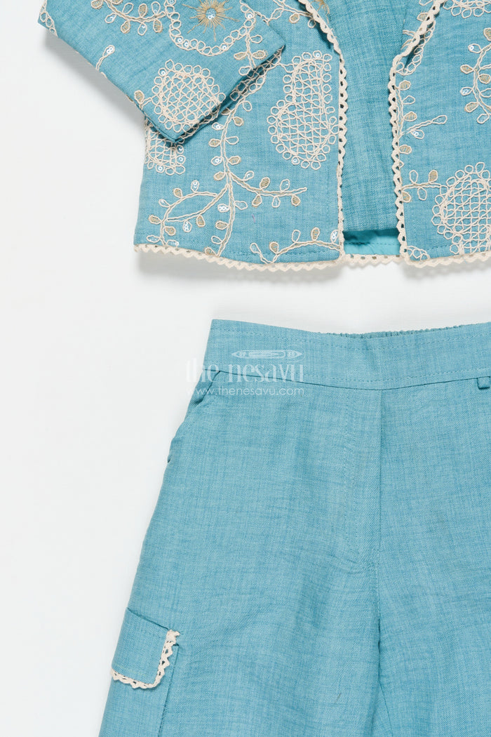 The Nesavu Girls Co-Ord Sets Girls Co-Ord Set with Thread Embroidery for Festive Events and School Programs Nesavu Nesavu girls three-piece co-ord set embroidered jacket ethnic school festive wear