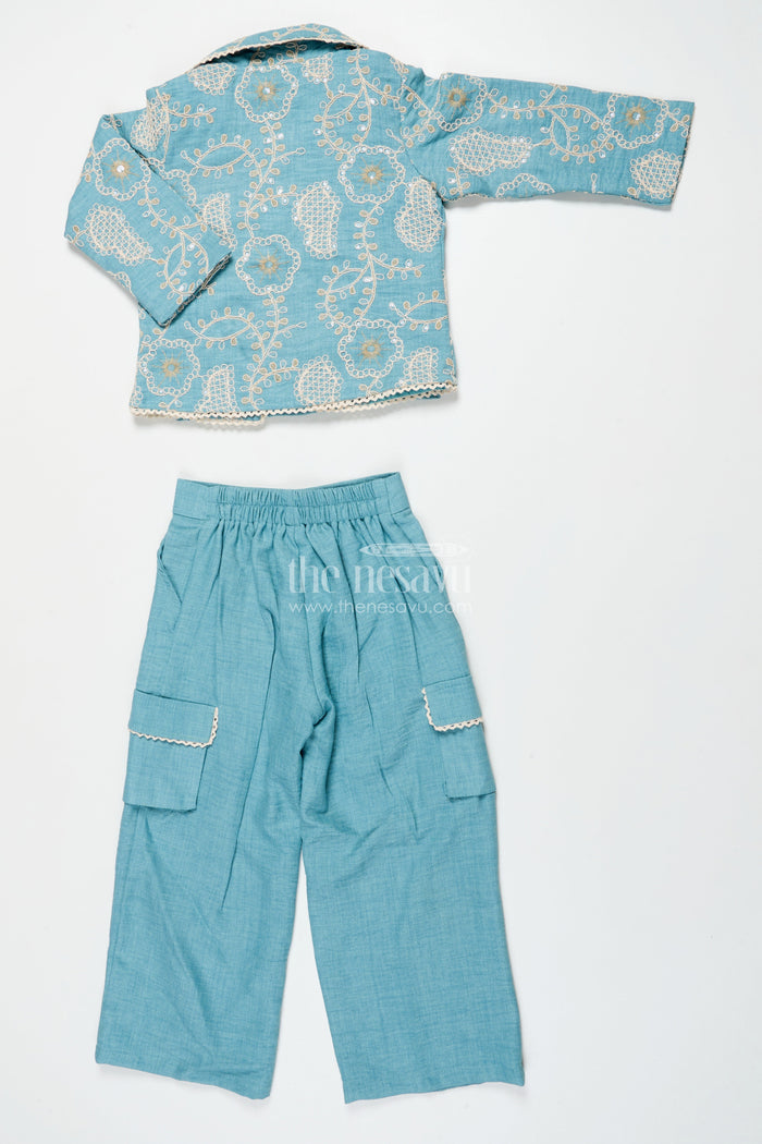 The Nesavu Girls Co-Ord Sets Girls Co-Ord Set with Thread Embroidery for Festive Events and School Programs Nesavu Nesavu girls three-piece co-ord set embroidered jacket ethnic school festive wear