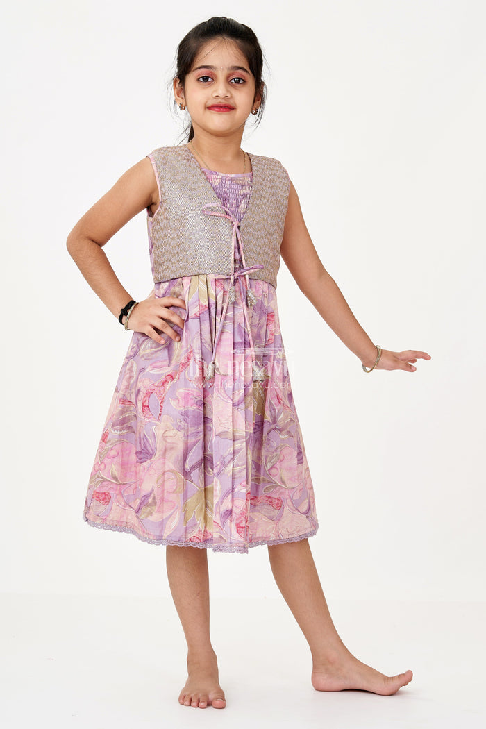The Nesavu Girls Cotton Frock Girls Colour Full Frock with Sequin Embroidery and Printed Pleated Skirt for Stylish Look Nesavu 22 (4Y) / Purple GFC1644A-22 Girls Colour Full Frock Sequin Embroidery Printed Pleated Skirt Party Wear | The Nesavu
